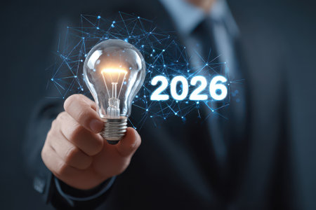 A person holds a glowing light bulb symbolizing new ideas for the year 2026 with a hopeful message for what lies ahead.の素材