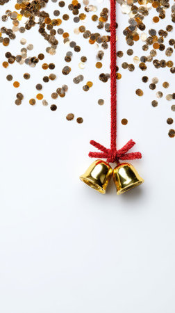 Golden bells hang from a red ribbon surrounded by shiny confetti creating a joyful and celebratory mood for welcoming the New Year.の素材
