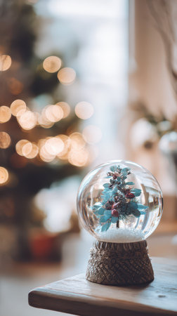 A lovely snow globe featuring a decorative tree surrounded by twinkling lights in a festive setting. The scene radiates warmth and joy.の素材