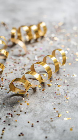 Colorful curlers and shiny confetti await New Year festivities on a textured background ready to enhance the joyful atmosphere of celebration.の素材