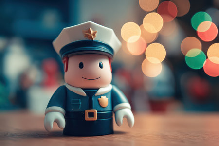 A cheerful toy police officer wearing a Christmas hat stands proudly on a festive table ready to join in New Year celebrations.の素材
