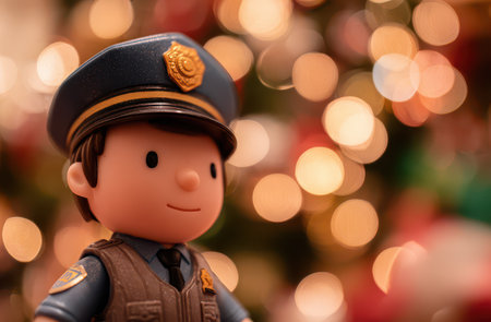 A cheerful toy police officer stands proudly in uniform surrounded by glowing Christmas lights capturing the festive spirit of the season.の素材