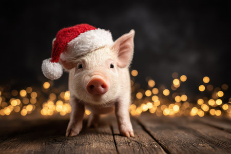 A festive pig dons a red and white Santa hat while surrounded by glowing Christmas lights bringing joy to the New Years celebration.の素材