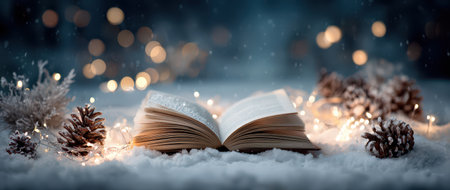Snow blankets the ground as an open book rests among pine cones and twinkling lights showcasing the magic of the New Year season.の素材