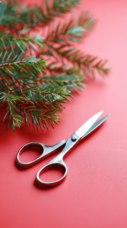Fresh evergreen branches and sharp scissors are placed on a vibrant red background perfect for New Year crafts and decorations.の素材