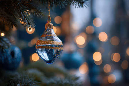 A beautiful glass ornament filled with water hangs gracefully on a tree surrounded by twinkling lights adding joy to the New Year celebration.の素材