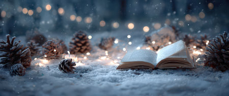 An open book rests on soft snow surrounded by pine cones twinkling lights and a serene winter backdrop evoking a magical New Year celebration.の素材