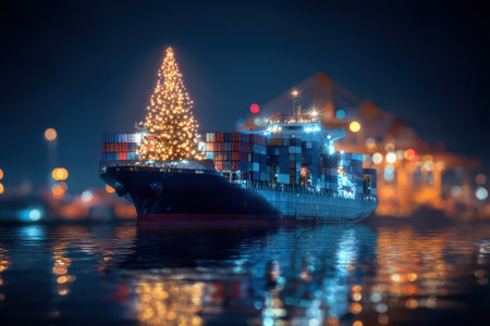 A brightly lit Christmas tree sits atop a container ship celebrating New Year amidst the glowing reflections on water at night.の素材