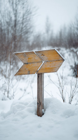 Wooden signposts stand tall in the snow guiding travelers through a winter wonderland as the New Year awaits.の素材