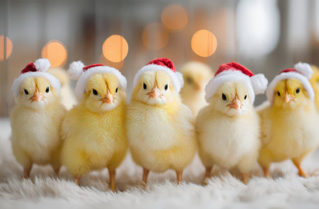 A joyful group of fluffy yellow chicks wearing red Christmas hats gathers together to celebrate the New Year in a festive setting.の素材