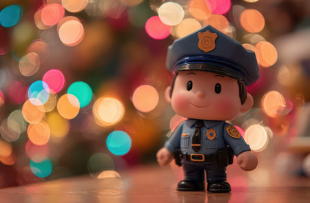 A cheerful toy police officer smiles in front of a beautifully blurred Christmas tree capturing the joy of the New Year season.の素材