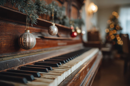 Decorative ornaments hang from the piano as festive cheer fills the room celebrating the spirit of New Year with warmth and joy.の素材
