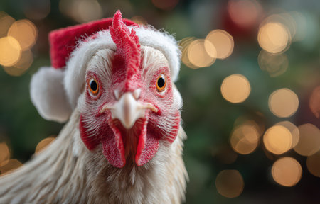 A cheerful chicken wearing a festive Santa hat stands against a backdrop of colorful Christmas lights radiating joy and holiday spirit.の素材