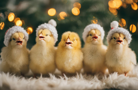Five fluffy yellow chicks in Christmas hats gather under soft lights cheerfully celebrating the New Year.の素材