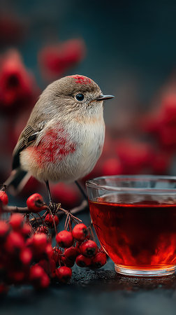 A small bird with a hint of red feathers stands near a cup of tea surrounded by bright red berries. The serene scene captures a cozy moment in nature.の素材