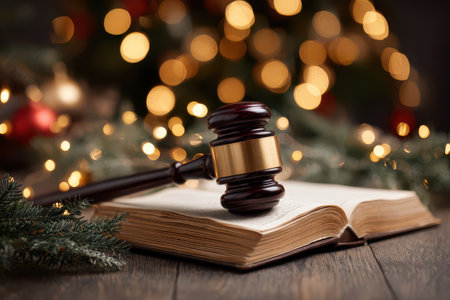 A wooden gavel rests on an open book beside a decorated Christmas tree symbolizing the close of the year and new opportunities ahead.の素材