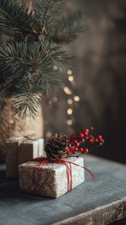 Beautifully wrapped gifts decorated with pinecones and berries sit on a wooden table. A touch of festive flair brightens the cozy atmosphere.の素材