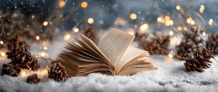 On a snowy surface an open book lays surrounded by pine cones and warm glowing lights capturing the magic of a winter evening.の素材