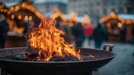 Bright flames rise from a metal bowl grill warming a lively New Year gathering filled with joyous people and festive lights.の素材