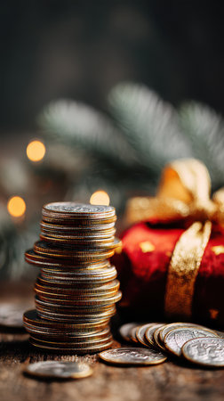 Stacks of shiny coins rest on a rustic table beside a beautifully wrapped red gift box adorned with gold ribbon symbolizing New Years celebration.の素材