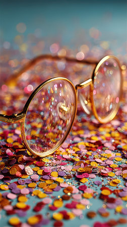Colorful confetti scattered across a surface reflects light through stylish glasses symbolizing joy and new beginnings for the New Year.の素材