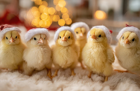 A group of fluffy yellow chicks in red and white Christmas hats gather spreading joy and festive spirit this holiday season.の素材