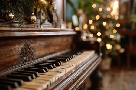 Piano keys adorned with festive decorations blend with a Christmas tree in a cozy setting capturing the magic of New Year celebrations.の素材