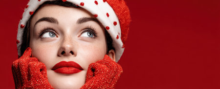 A joyful woman in a red santa hat smiles with her hands on her face embracing the festive spirit of New Year celebrations in a bright setting.の素材
