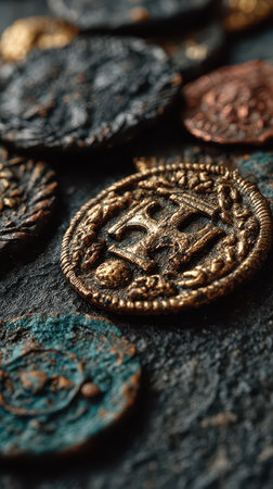 A fascinating arrangement of ancient coins shines brightly each unique and rich in history perfect to celebrate the New Yearの素材