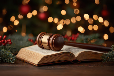 A wooden gavel lies flat on an open book with a festive Christmas tree glowing softly in the background adding a warm holiday atmosphere.の素材