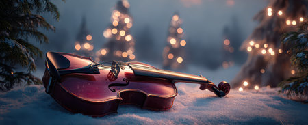 A beautiful violin lies gracefully in the snow surrounded by glimmering holiday lights.の素材