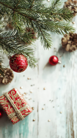 Bright red ornaments pine cones and a beautifully wrapped gift set the scene for a festive New Year celebration in a cozy setting.の素材