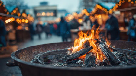 A cozy fire crackles in a metal bowl grill at a festive market bringing warmth to New Year celebrations surrounded by joyful crowds.の素材