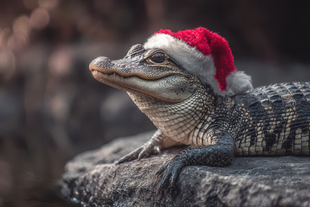 An alligator wearing a bright red Santa hat sits proudly on a rock embodying the fun spirit of New Year celebrations in nature.の素材