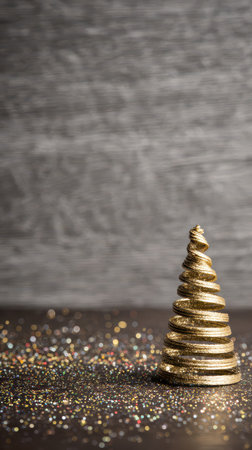A shiny gold spiral decoration stands prominently surrounded by sparkling glitter on a dark surface perfect for New Year festivities.の素材