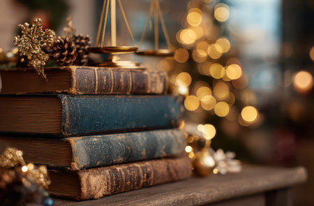 A stack of elegant law books topped with Christmas decorations exuding a cozy holiday vibe as a beautiful tree glimmers in the background.の素材