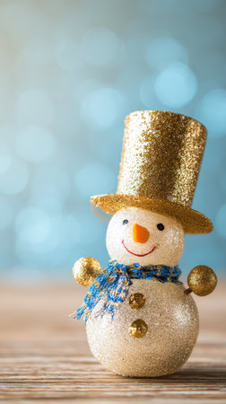 A glittering snowman with a tall golden hat and scarf stands on a wooden surface bringing joy and charm to New Year festivities.の素材