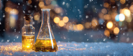 Colorful liquids bubble in beakers as soft snow falls. A festive atmosphere surrounds the scene welcoming the New Year with science magic.の素材
