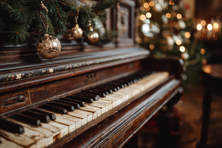 A beautiful piano showcases Christmas tree decorations on its keys creating a warm New Year atmosphere filled with joy and celebration.の素材