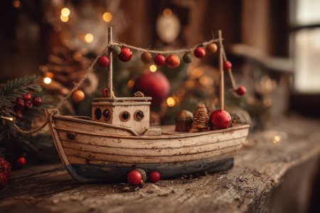 An old wooden boat adorned with colorful ornaments sits in a cozy room surrounded by festive decorations welcoming the New Year softly.の素材