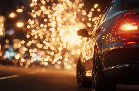 A parked car stands still on the street as bright fireworks burst in the sky marking a joyful New Year celebration filled with color and excitement.の素材
