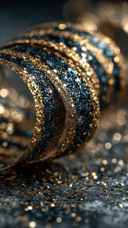 Shimmering gold and black ribbons spiral elegantly capturing the essence of New Year celebrations. Sparkles scatter across a dark surface.の素材