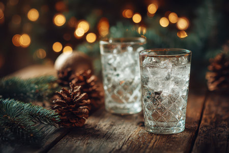 Two glasses of water filled with ice sit on a wooden table adorned with pine cones creating a cozy New Year atmosphere.の素材