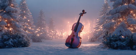 A beautiful violin stands alone in a snowy forest surrounded by softly glowing lights capturing the magic of the New Year season.の素材