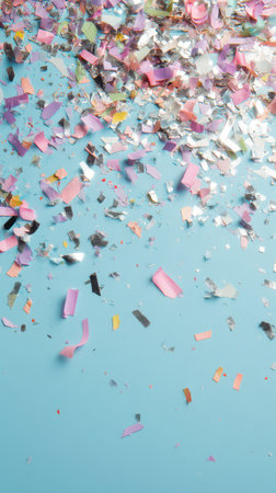 Colorful confetti falls against a light blue background symbolizing joy and celebration for the New Year. A moment of festivity captured beautifully.の素材