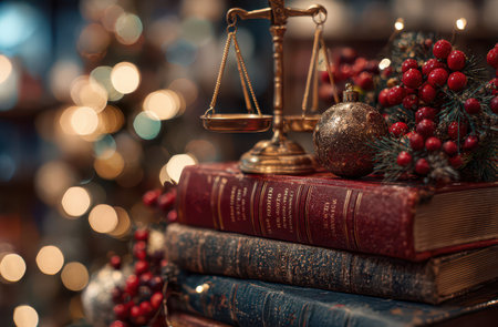 A tasteful stack of law books decorated with holiday ornaments sits near a Christmas tree celebrating the joy of the New Year with scholarly charm.の素材