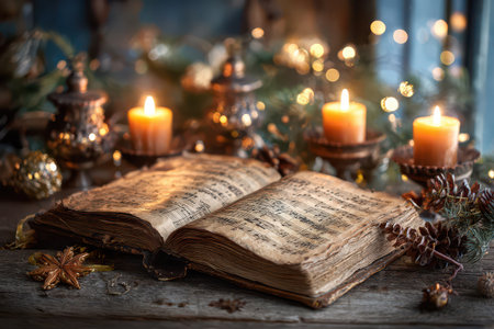 An open book of Christmas carols sits on a rustic table surrounded by flickering candles and festive decorations creating a cozy holiday atmosphere.の素材