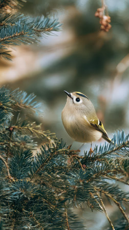 A small bird perches gracefully on a pine branch as the New Year begins. Nature embodies fresh beginnings and joy during this festive time.の素材