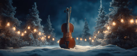 A violin stands gracefully in the snow surrounded by glowing lights creating a magical winter scene during the New Year celebration.の素材