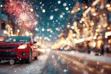 A vibrant red car parked on a snowy street surrounded by sparkling holiday lights and fireworks illuminating the winter night sky.の素材